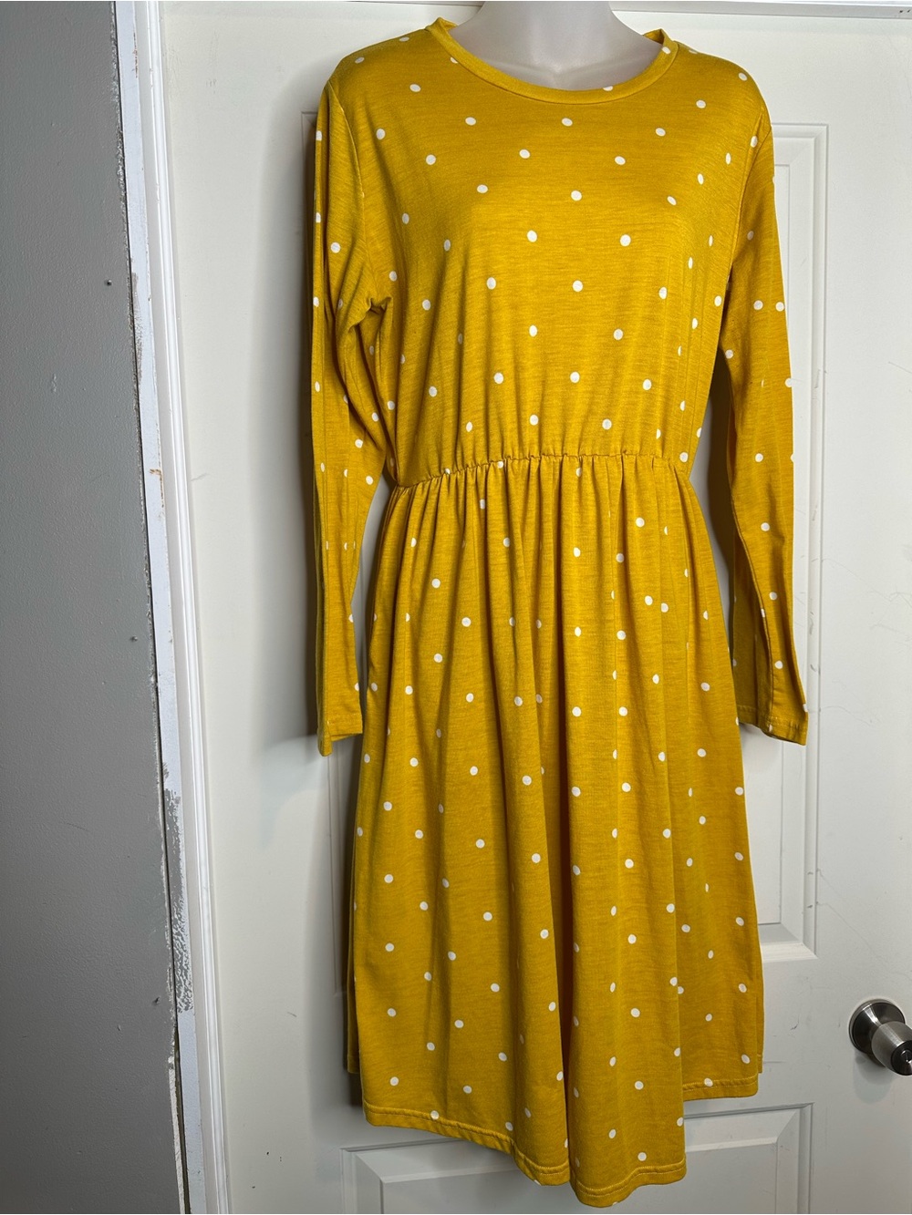 Mustard Polka Dot Midi Long Sleeve Dress - Picture 2 of 9